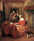 Table Canvas Paintings - A Woman Seated at a Table and a Man Tuning a Violin